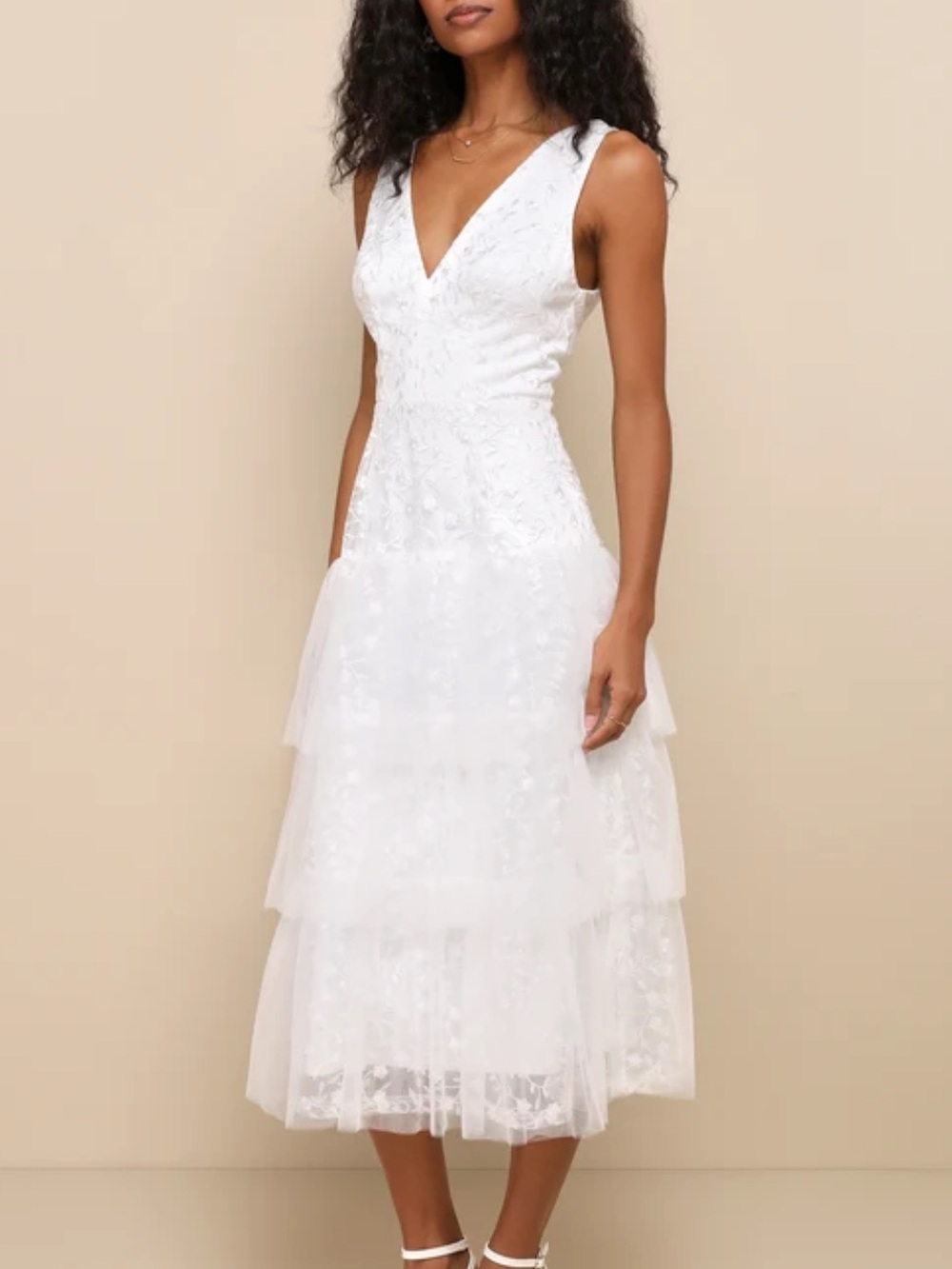 LULU’S Confidently Gorgeous Ivory Tulle Embroidered Backless Midi Dress